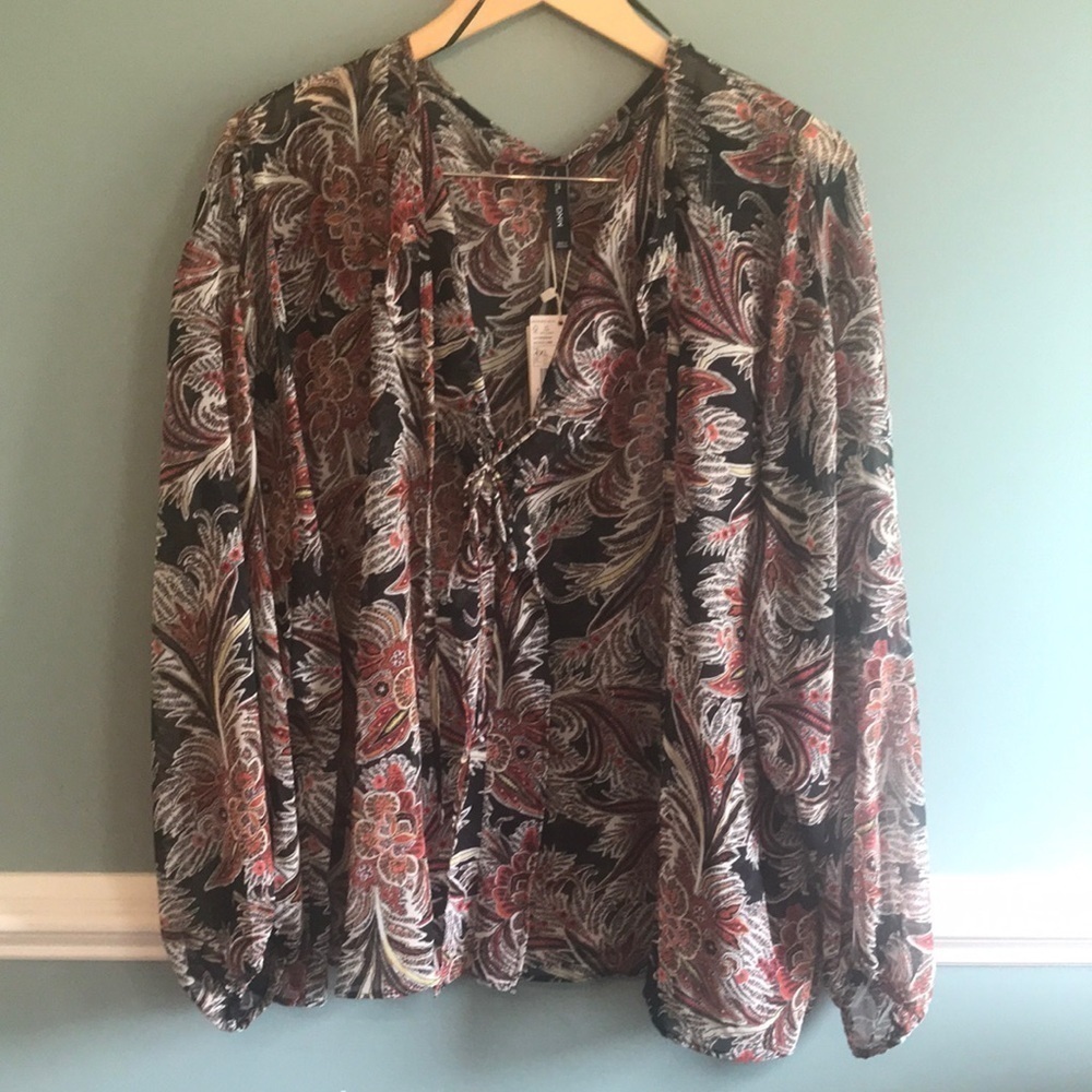 Mango ruffle bow blouse. Sheer lace up front. Floral. Bishop sleeve plus sz 4XL - Picture 2 of 10